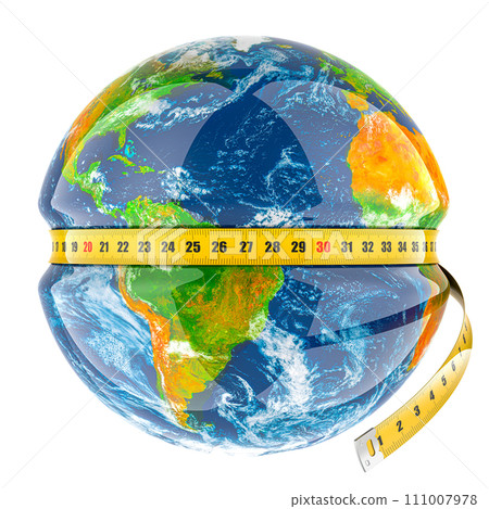 Obesity and overweight in the world, concept. Earth Globe with measure tape around. 3D rendering 111007978