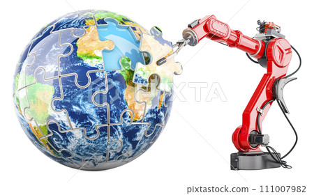 Robotic arm with Earth Globe from puzzle. Global Automation Technologies, concept. 3D rendering Robotic arm with Earth Globe from puzzle. Global Automation Technologies, concept. 3D rendering 111007982