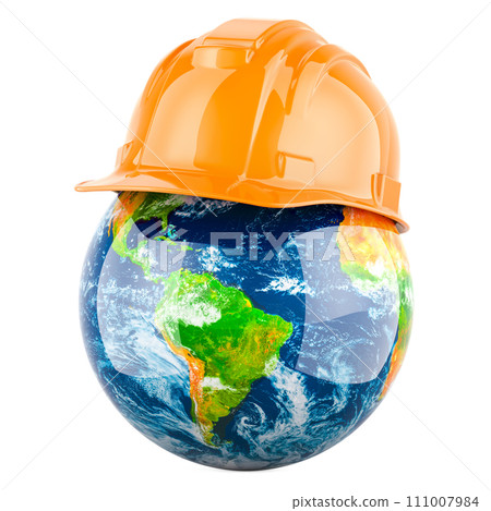 Earth Globe with Construction Orange Hard Hat, 3D rendering Earth Globe with Construction Orange Hard Hat, 3D rendering 111007984