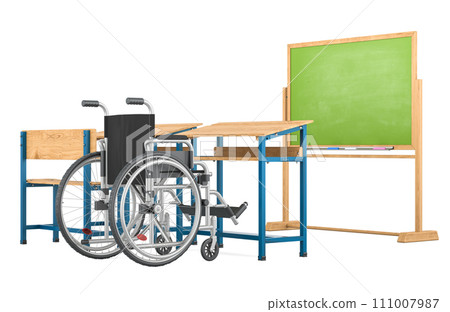 Inclusive education, concept. Wheelchair with blackboard and school desks. 3D rendering Inclusive education, concept. Wheelchair with blackboard and school desks. 3D rendering 111007987