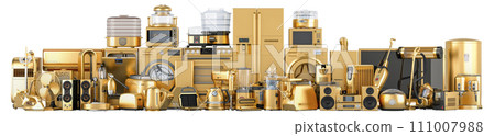 Golden Kitchen and Household Appliances, 3D rendering Golden Kitchen and Household Appliances, 3D rendering 111007988