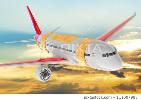 Airplane with adhesive bandage in the sky. 3D rendering Airplane with adhesive bandage in the sky. 3D rendering 111007993