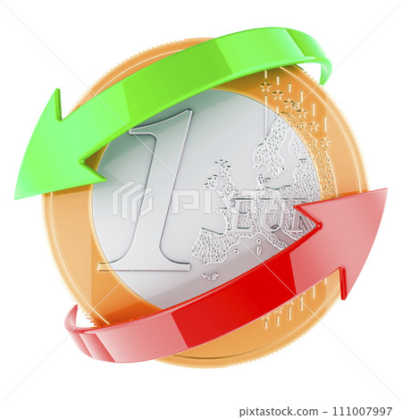Transfer, exchange or conversion of euro, concept. Euro coin with red and green arrows around, 3D rendering 111007997