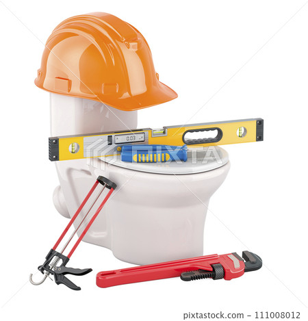 Toilet bowl with construction tools. Service and repair of toilet bowl, 3D rendering 111008012