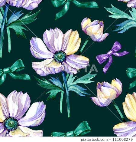 Beautiful anemone flower with green leaves. Seamless floral pattern. Watercolor painting. Hand drawn and painted illustration. Fabric, wallpaper, bed linen design. Beautiful anemone flower with green leaves. Seamless floral pattern. Watercolor painting. Hand drawn and painted illustration. Fabric, wallpaper, bed linen design. 111008279