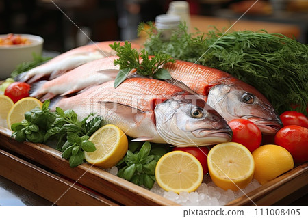 Fresh fish in a pile of ice in the supermarket or at the market, mixed fish for sale at the market, 111008405