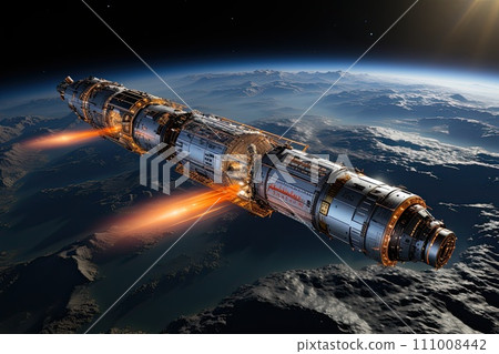 large spaceship in space in orbit against the background of the earth, Cinematic Still, Future concept, Generative AI 111008442