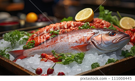 Fresh fish in a pile of ice in the supermarket or at the market, mixed fish for sale at the market, 111008445