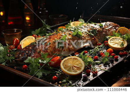 Delicious fried or baked fish with vegetables and lemon on the kitchen table, Generative AI 111008446