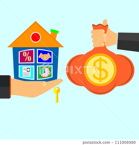 Hand holds house and key on finger and giving, receiving money bag with golden coins from other hand. Concept for home agent, sale and rent of a house and buyer or customer. Vector illustration. 111008980