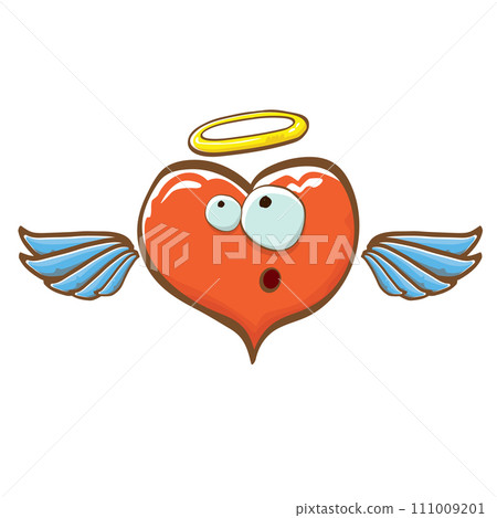 Cartoon bintage groovy heart character with wings and holy angel golden nimbus isolated on white background. Conceptual valentines day comic funky heart sticker and label vintage cartoon comic style 111009201