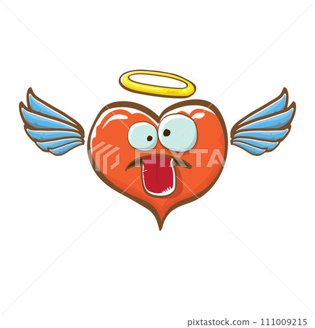 Cartoon bintage groovy heart character with wings and holy angel golden nimbus isolated on white background. Conceptual valentines day comic funky heart sticker and label vintage cartoon comic style 111009215