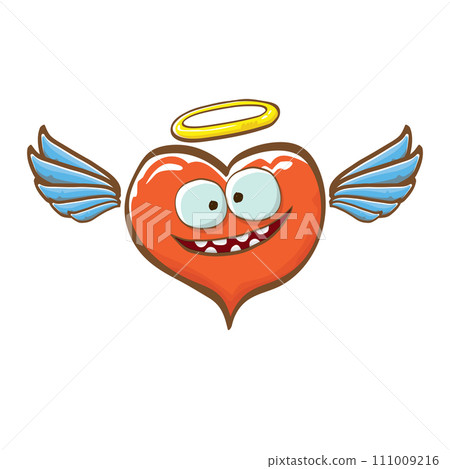 Cartoon bintage groovy heart character with wings and holy angel golden nimbus isolated on white background. Conceptual valentines day comic funky heart sticker and label vintage cartoon comic style 111009216