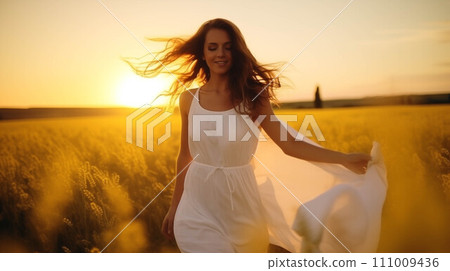 Generative AI Caucasian woman in white dress in yellow field at sunset. 111009436