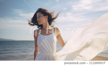 Generative AI Caucasian woman in white dress walks along the beach. 111009437