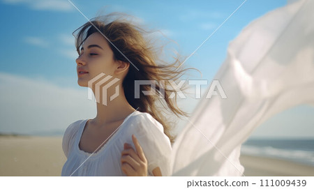 Generative AI Caucasian woman in white dress walks along the beach. 111009439
