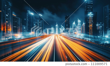 AI-generated content. Long exposure photo of a night road in a metropolis. Nighttime atmospheric light from cars. Generative AI 111009571