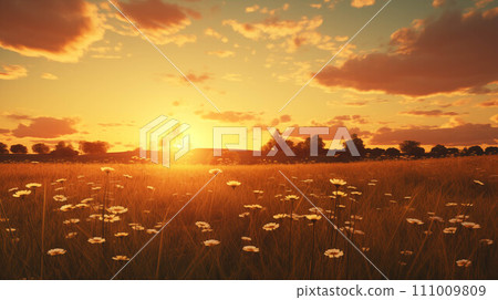 Generative AI Sunset view of yellow grass field. 111009809