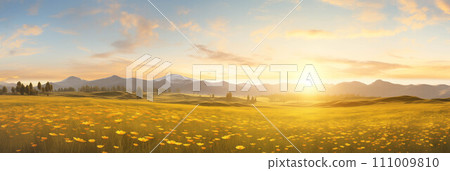 Generative AI Sunset view of yellow grass field. 111009810