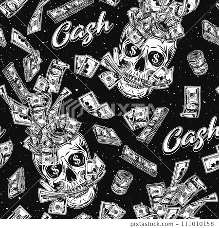 Pattern with skull, 100 dollar bills between teeth, golden text, flying apart stacks, dollar notes. Concept of making money, wealth, success, money addiction. Pattern with skull, 100 dollar bills between teeth, golden text, flying apart stacks, dollar notes. Concept of making money, wealth, success, money addiction. 111010158