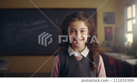 Generative AI Caucasian girl smiling with confidence in classroom. 111010309