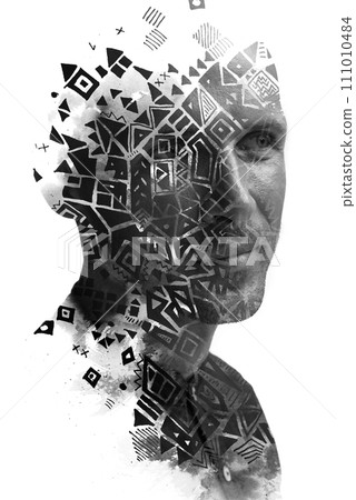 A paintography double exposure male portrait combined with a graphical painting A paintography double exposure male portrait combined with a graphical painting 111010484