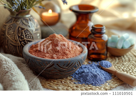 Spa still life with red and blue cosmetic moroccan clay and spa products, beautiful sunset 111010501