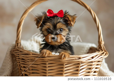 Cute Yorkshire puppy with red bow in basket, rustic brick wall on background Cute Yorkshire puppy with red bow in basket, rustic brick wall on background 111010510