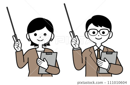 A woman and a man in suits giving explanations 111010604