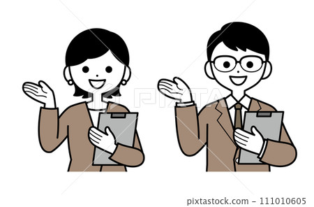 A woman and a man in suits giving guidance 111010605