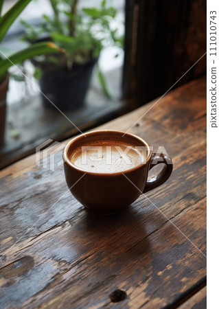 A cup of aromatic black coffee on a wooden table in a restaurant 111010743