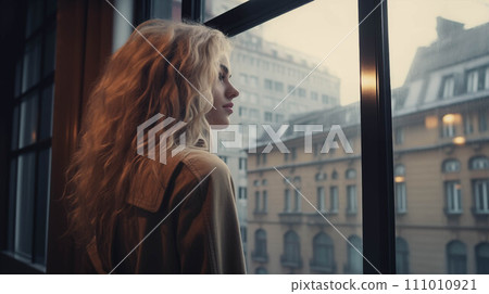 Generative AI Caucasian woman looking at the scenery outside the window. 111010921