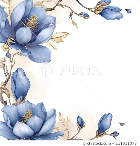 Watercolor frame from blue magnolia with gold leafs. Modern trendy design frame Watercolor frame from blue magnolia with gold leafs. Modern trendy design frame 111011078