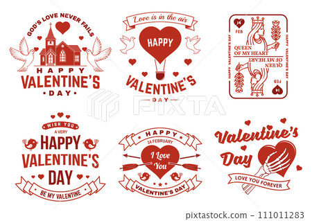 Set of vintage happy valentines day badge. Vector illustration. Template for Valentines Day greeting card, banner, poster, flyer with red church, doves, playing card queen, skeleton hand holding a 111011283