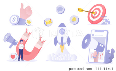 Digital marketing and startup collection set. Online content, social media, promotion campaign, content creation, market trend analysis, attract customer satisfaction. Flat vector design illustration Digital marketing and startup collection set. Online content, social media, promotion campaign, content creation, market trend analysis, attract customer satisfaction. Flat vector design illustration 111011301