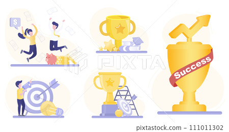 Successful business collection set. Victory, competition, opportunity, creativity, startup, strategy management, tactical plans, goals and targets. Flat vector design illustration. 111011302