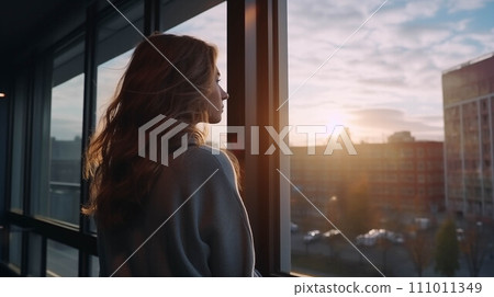 Generative AI Caucasian woman looking at the scenery outside the window. 111011349