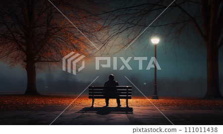 Generative AI People sitting on benches in the park at night. Generative AI People sitting on benches in the park at night. 111011438