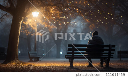 Generative AI People sitting on benches in the park at night. 111011439