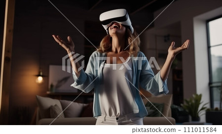 Generative AI Caucasian woman using VR in living room. 111011584