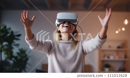 Generative AI Caucasian woman using VR in living room. 111011628