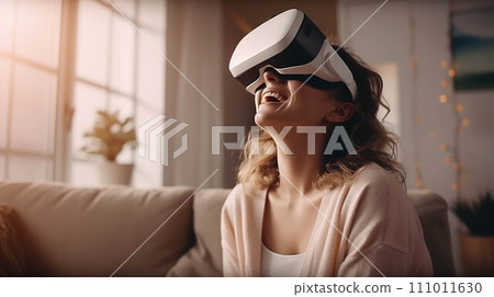 Generative AI Caucasian woman using VR in living room. 111011630