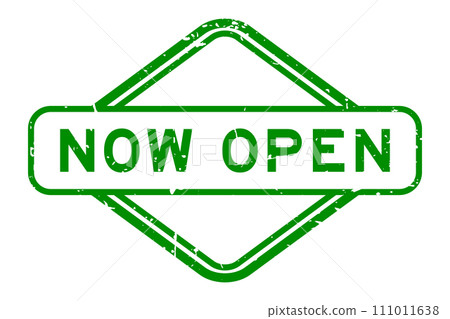 Grunge green now open word rubber seal stamp on white background 111011638