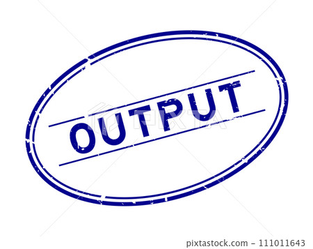 Grunge blue output word oval rubber seal stamp on white background 111011643