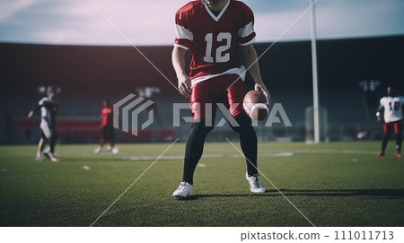 Generative AI Caucasian male soccer player plays football on the field. 111011713