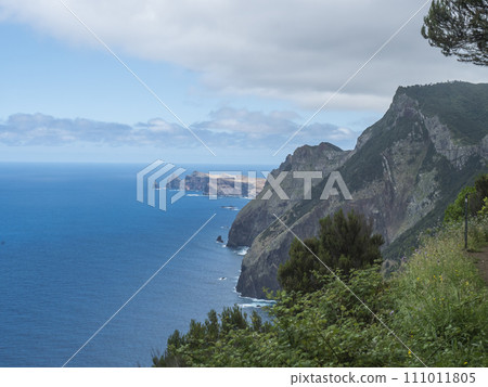 Views from Vereda do Larano coastal hiking trail. Cliffs atlantic ocean and green tropical vegetation. Madeira island, Portugal, Europe. 111011805