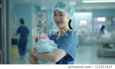 Generative AI Asian female nurse holds newborn baby in hospital. Generative AI Asian female nurse holds newborn baby in hospital. 111011815