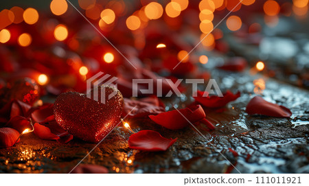 AI-generated content. A shiny scarlet heart surrounded by red rose petals and lights on a dark background. 111011921