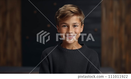 Generative AI Caucasian boy with arms crossed in class. 111011922