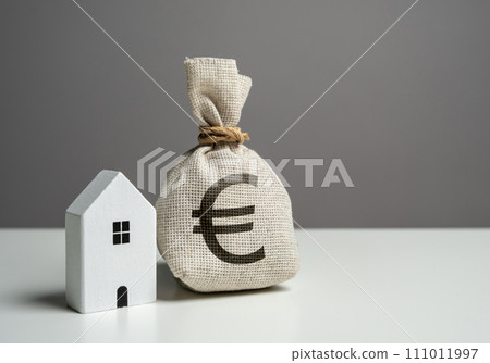 House and euro money bag. House price, property valuation. Investments in the purchase of real estate. Repair and service. Make a deal. Insurance 111011997